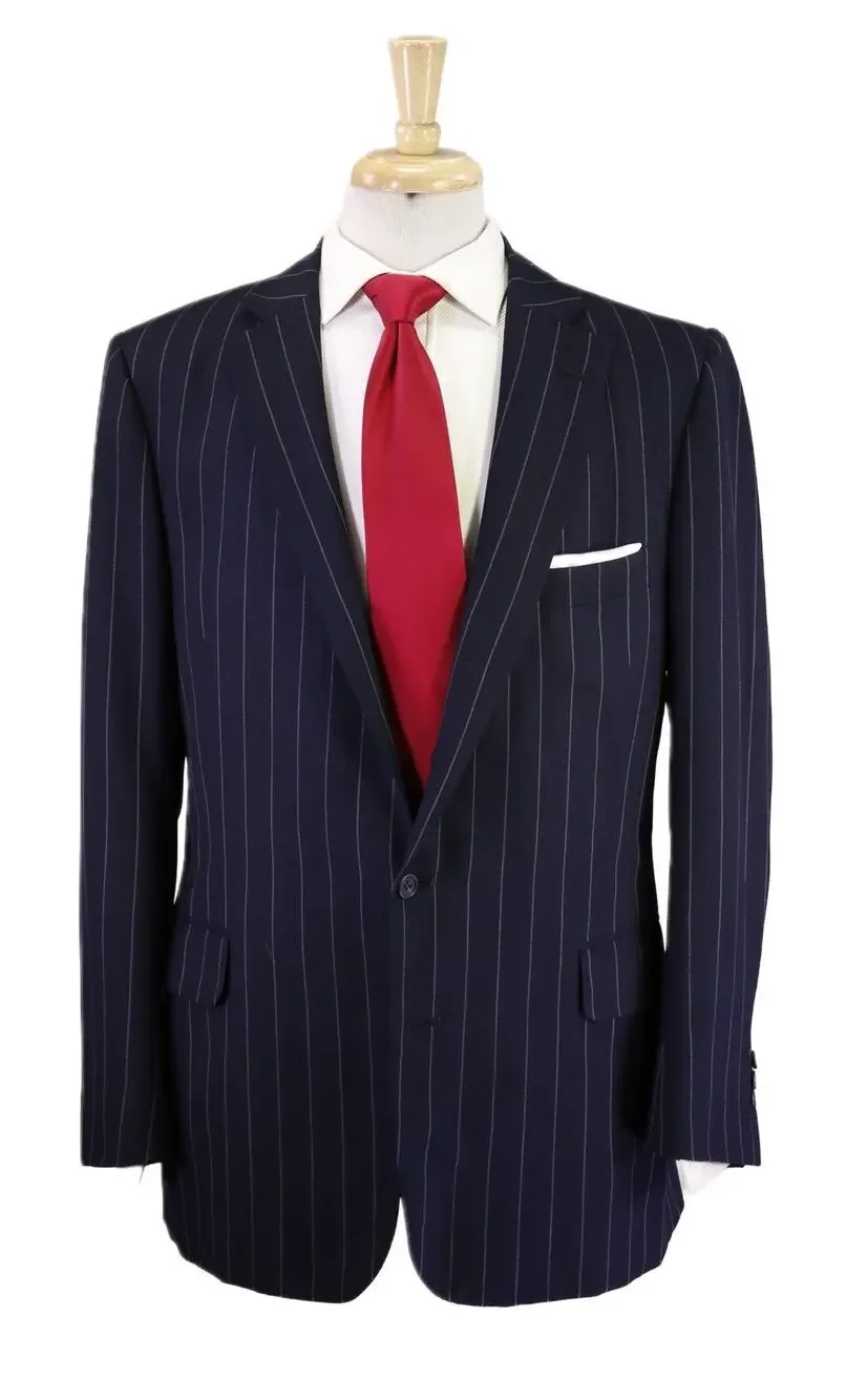 Leonard Logsdail Savile Row Bespoke Navy Blue Chalkstripe 2-Btn Wool Suit 42R